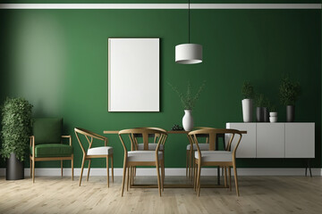 Empty contemporary dining room green wall. Interior mockup. Free room for your image, text, or design. Green dining chairs with parquet flooring. Generative AI