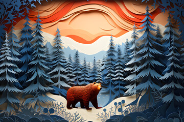 Winter Wonderland, Enchanting Papercut Illustration of Forest, Snow, Tree, and Bear