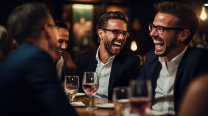 Colleagues enjoying a formal dinner, engaged in lighthearted banter, a sense of camaraderie shared amongst them.