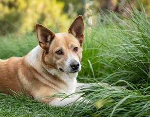 carolina dog lies head down on the lawn in the park