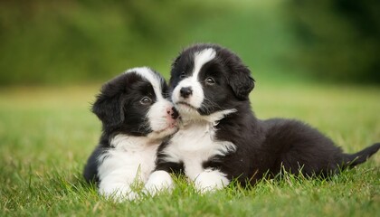 Naklejka na ściany i meble stabyhoun puppies playing on the lawn