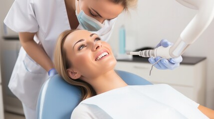 A dentist performing a routine check-up on a relaxed patient, tools at the ready, promoting dental hygiene.
