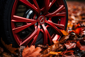 Crimson Ride, A Stunning New Car Wheel Amidst Autumn Leaves