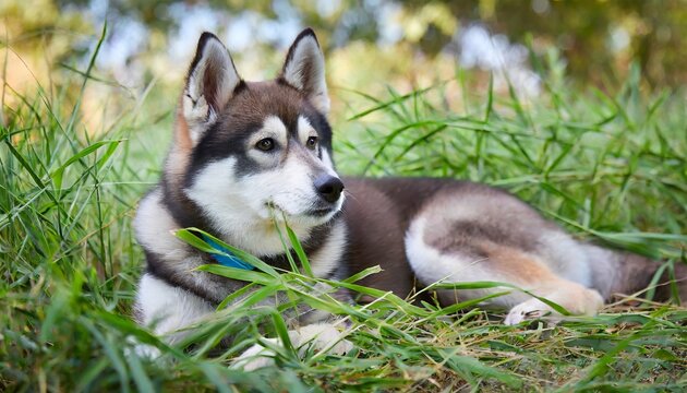 Alaskan klee kai lying with his head on the lawn