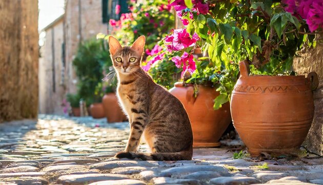 ocicat cat on a sunlit cobbled street in Italy, with terracotta pots and blooming bougainvil