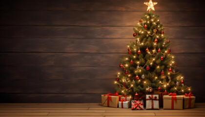 The Christmas tree standing on the wooden floor against a blank wall