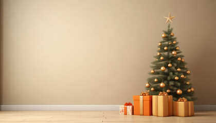 Fototapeta premium The Christmas tree standing on the wooden floor against a blank wall