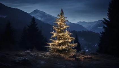 Abwaschbare Fototapete The illuminated Christmas tree in a winter landscape at blue hour © Alienmonster Images