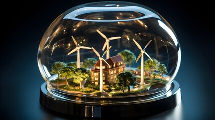 A miniature sustainable village inside a glass dome with model houses and wind turbines, showcasing  the concept of sustainability and renewable energy, Created with Generative AI Technology
