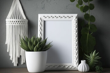 A wall-mounted empty frame for mockups. A macrame-and-plant bathroom backdrop. Generative AI