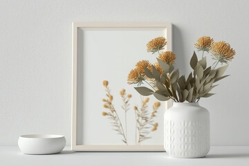 framed mockup with dry flowers in a contemporary ceramic vase on a white table. neutral hue. Picture frame and poster template against textured white wall. Scandinavian-style decor. Copy space