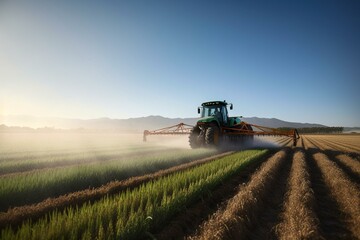 Wide angle photo of crop sprayer treating wheat field with chemicals in South Africa. Generative AI - obrazy, fototapety, plakaty