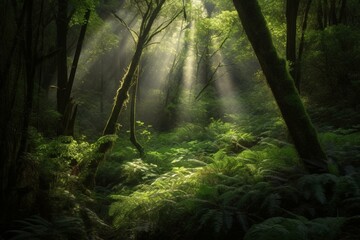 Captivating sunlight filters through lush foliage in a verdant forest. Generative AI