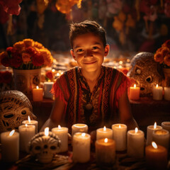 Niño moreno mexicano sonriente disfrutando del día de muertos rodeado de cempasúchil y velas