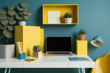 Office supplies, a desk with yellow boxes, and a blue wall. Generative AI