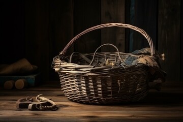 Old fishing basket on wooden table. Generative AI - obrazy, fototapety, plakaty