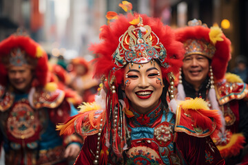 Naklejka premium Vibrantly Clad Revelers Parading Through the Streets for Chinese New Year