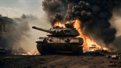 a armored tank shooting of a battle field in a war. bombs and explosions in the background. fire smoke and ash everywhere - obrazy, fototapety, plakaty