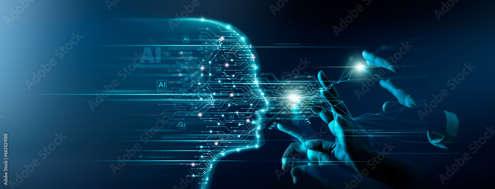 Aufkleber Digital transformation conceptual for next generation technology era, AI, Machine learning. Hands touching the AI big data structure, Digital data network connections, Data transformation. Innovation