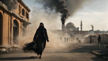 Woman running away form the chaotic city devastated by war - obrazy, fototapety, plakaty