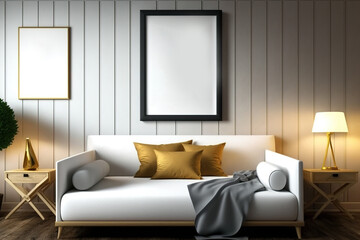as an example Bedroom interior with mock-up poster frame on wooden wall above sofa and furnished with lovely and cozy items. Generative AI
