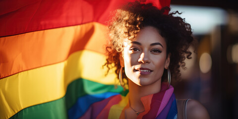 Middle-aged young woman from behind wrapped into a LGBTQ flag
