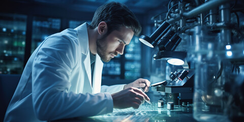 Scientist researcher using microscope in laboratory - obrazy, fototapety, plakaty