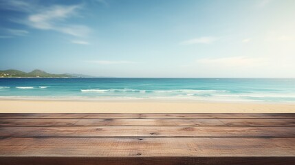 Seaside Product Showcase. An empty wooden table against a stunning beach backdrop in daylight
