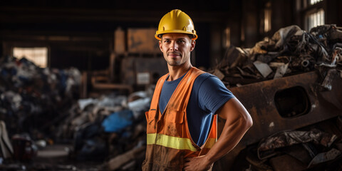 Recycling center worker posing in front of a pile of scrap - obrazy, fototapety, plakaty