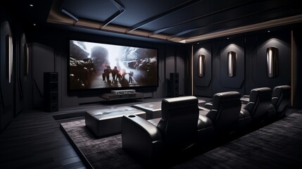 A contemporary home theater with dark accent walls, the high-resolution camera capturing the immersive atmosphere, making it an ideal entertainment space.