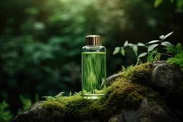 Natural Organic Cosmetic Concept: Glass Bottle of Cosmetics
