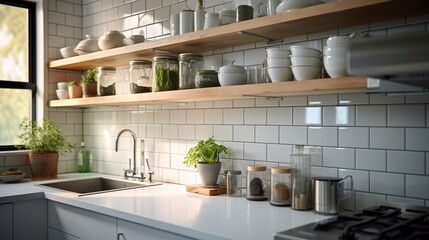A contemporary kitchen with open shelving and subway tile walls, the HD camera emphasizing the...