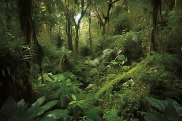 Lush rainforest filled with dense green vegetation. Generative AI