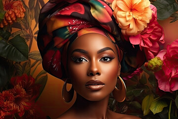 African Turban Fashion: Stylish Black Woman on Floral Background
