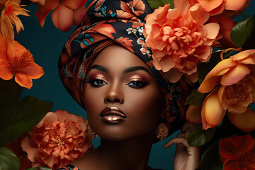African Turban Fashion: Stylish Black Woman on Floral Background
