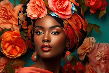 African Turban Fashion: Stylish Black Woman on Floral Background