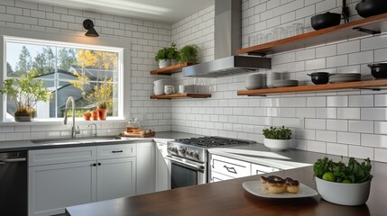 A contemporary kitchen with open shelving and subway tile walls, the HD camera emphasizing the clean and streamlined design, making meal preparation a joy.