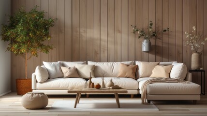 Beige Sectional Sofa on Wood Wall