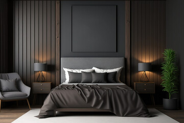 Front view of a gray and dark wood bedroom with a bed covered with gray sheets and a vertical poster on a dark wood wall. a mockup. Generative AI