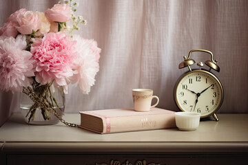 Feminine Mock-Up with Vintage Photo Frame and Pink Flowers
