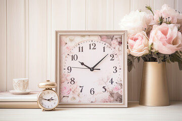 Feminine Mock-Up with Vintage Photo Frame and Pink Flowers
