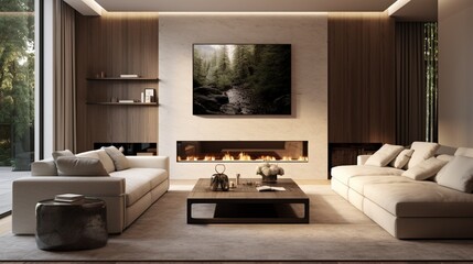 A contemporary living room with neutral-toned interior walls, the high-definition camera showcasing the comfortable furnishings and timeless design elements.