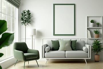 Green comfortable interior with sofa, armchair, hardwood floor, window. Plant, lamp, bookshelf. Lounge with three mockup frames on white wall,. Generative AI