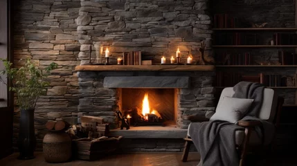 Fotobehang A cozy fireplace nook with stone accent walls, the high-resolution camera capturing the warmth and charm of this intimate and inviting space. © Nairobi 