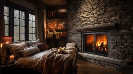 Kissenbezug A cozy fireplace nook with stone accent walls, the high-definition camera capturing the warmth and charm of this intimate and inviting space. © Nairobi 