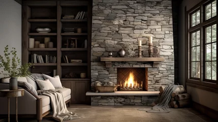 Fotobehang A cozy fireplace nook with stone accent walls, the HD camera capturing the warmth and charm of this intimate and inviting space. © Nairobi 