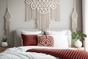 Macrame-decorated bedroom interior. Over the bed, on a white wall, is a grey macrame arrangement with white and red pillows. Generative AI