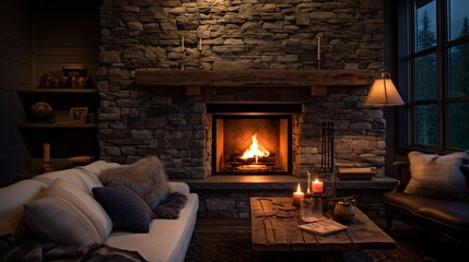 A cozy fireplace nook with stone accent walls, the high-definition camera capturing the warmth and charm of this intimate and inviting space. - obrazy, fototapety, plakaty