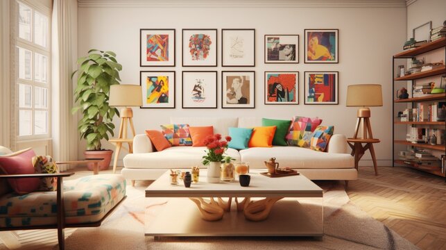 A cozy and eclectic living room with gallery walls, the HD camera capturing the curated collection of artwork and the vibrant personality of the space.
