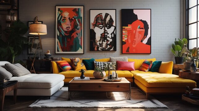 A cozy and eclectic living room with gallery walls, the HD camera capturing the curated collection of artwork and the vibrant personality of the space.